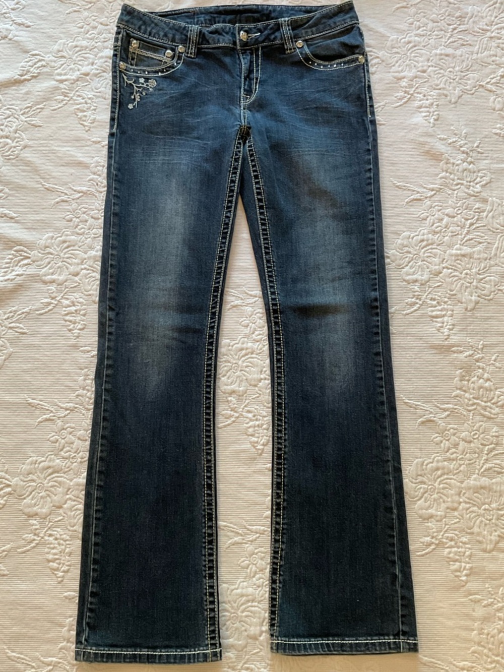 Women's Dark Wash Boot Cut Jeans with Subtle Pocket Embroidery
